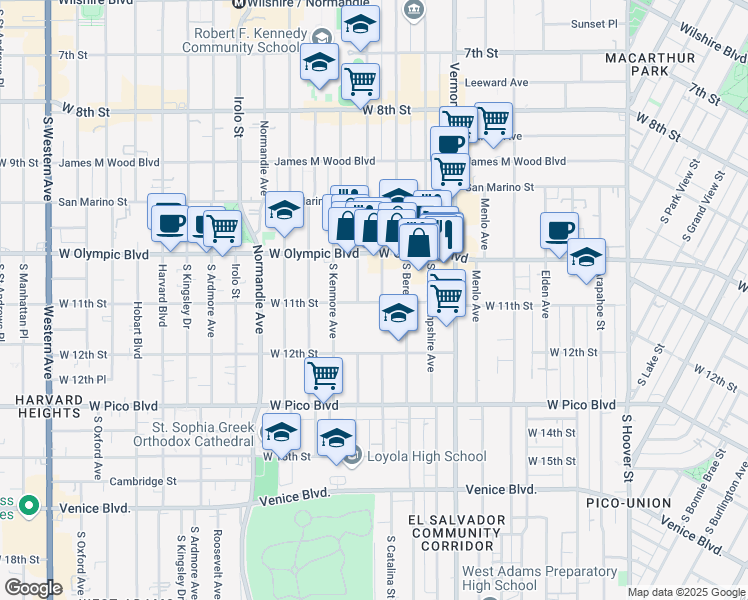 map of restaurants, bars, coffee shops, grocery stores, and more near 1045 South Catalina Street in Los Angeles