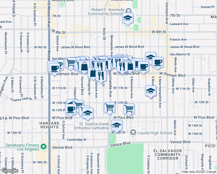 map of restaurants, bars, coffee shops, grocery stores, and more near 1036 Irolo Street in Los Angeles