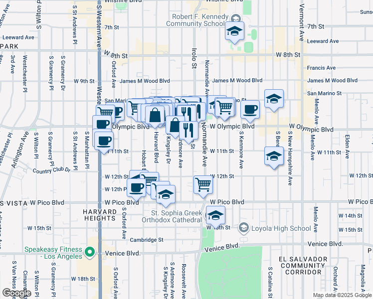 map of restaurants, bars, coffee shops, grocery stores, and more near 1038 South Ardmore Avenue in Los Angeles