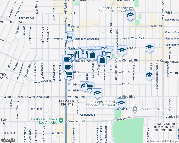 map of restaurants, bars, coffee shops, grocery stores, and more near 1038 South Hobart Boulevard in Los Angeles