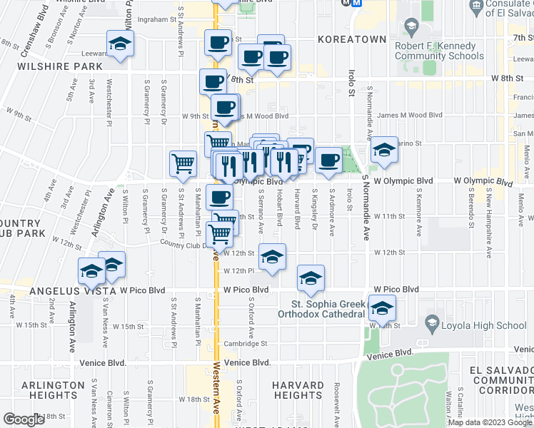 map of restaurants, bars, coffee shops, grocery stores, and more near 1039 South Serrano Avenue in Los Angeles