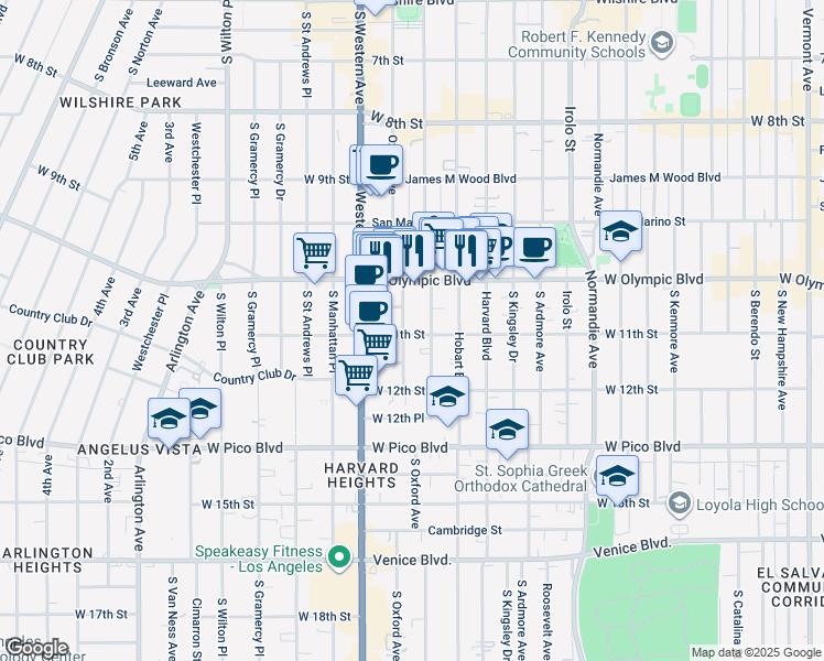map of restaurants, bars, coffee shops, grocery stores, and more near 1039 South Serrano Avenue in Los Angeles