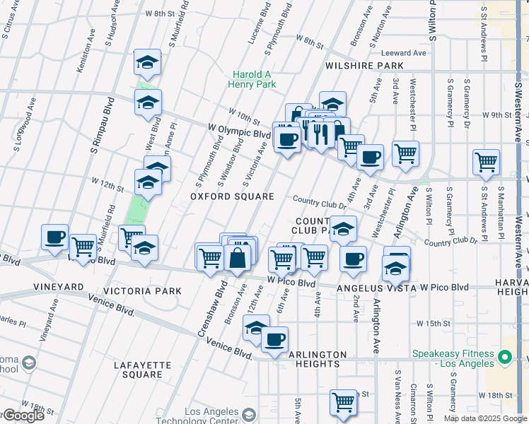 map of restaurants, bars, coffee shops, grocery stores, and more near 1140 Crenshaw Boulevard in Los Angeles