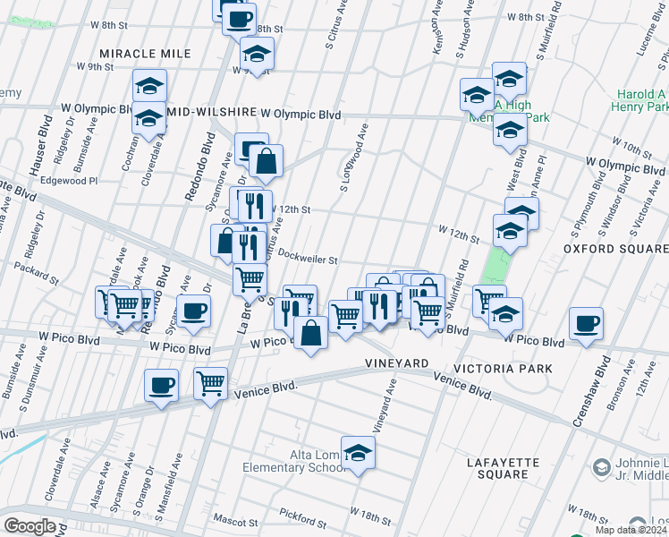map of restaurants, bars, coffee shops, grocery stores, and more near 1260 South Tremaine Avenue in Los Angeles