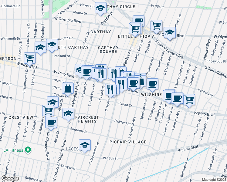 map of restaurants, bars, coffee shops, grocery stores, and more near 5910 West Pico Boulevard in Los Angeles