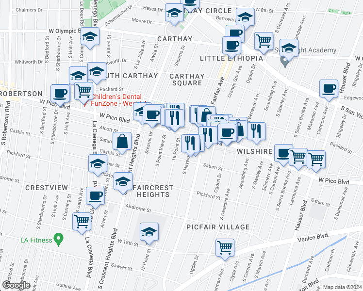 map of restaurants, bars, coffee shops, grocery stores, and more near 5910 West Pico Boulevard in Los Angeles
