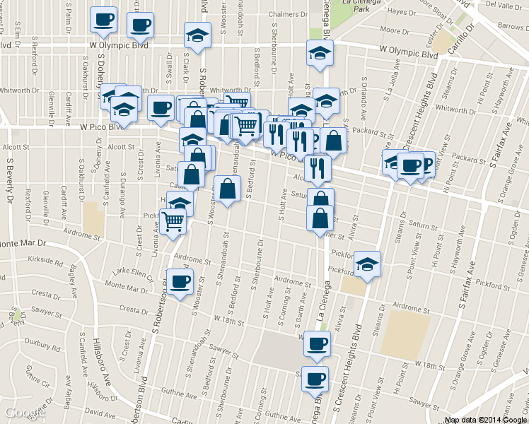 map of restaurants, bars, coffee shops, grocery stores, and more near 8635 Cashio Street in Los Angeles