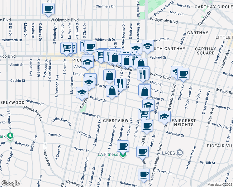 map of restaurants, bars, coffee shops, grocery stores, and more near 8635 Cashio Street in Los Angeles