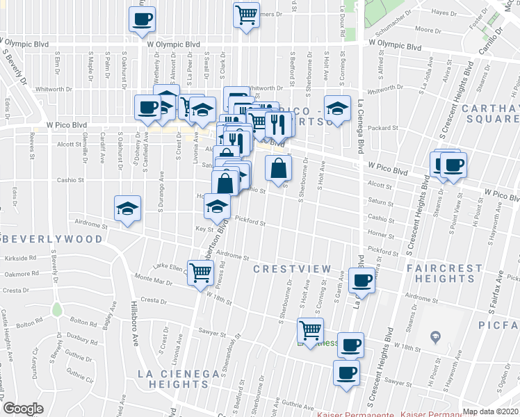 map of restaurants, bars, coffee shops, grocery stores, and more near 1518 South Robertson Boulevard in Los Angeles