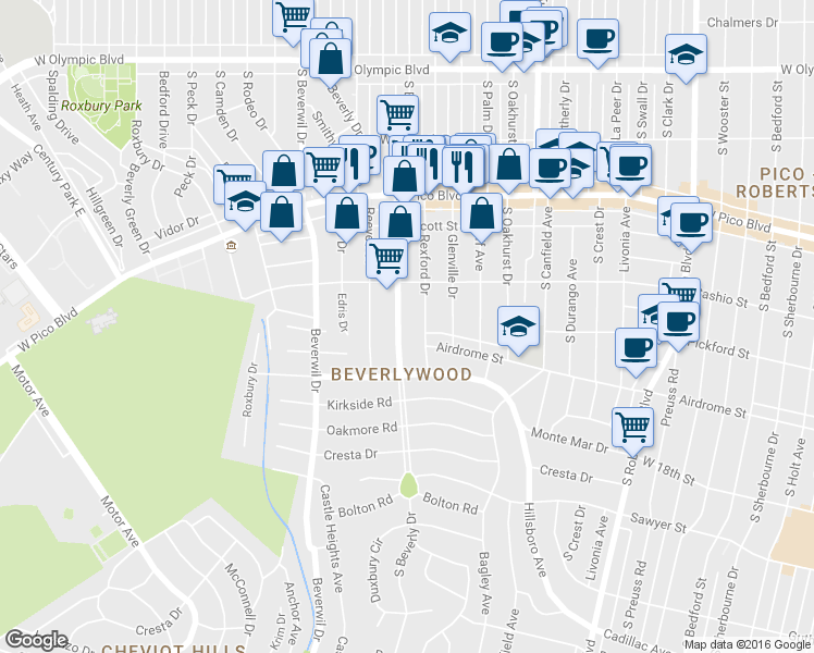 map of restaurants, bars, coffee shops, grocery stores, and more near 1530 South Beverly Drive in Los Angeles