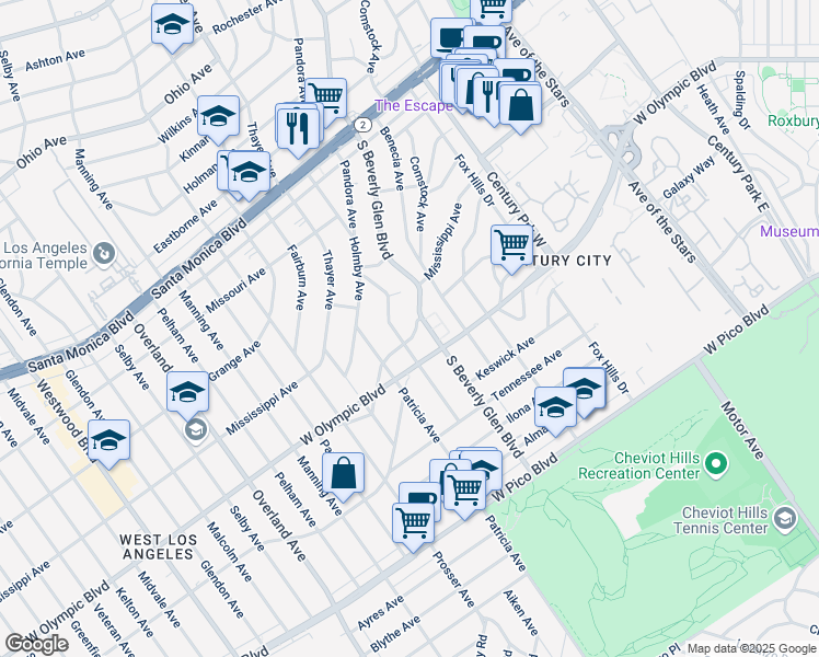 map of restaurants, bars, coffee shops, grocery stores, and more near 2139 South Beverly Glen Boulevard in Los Angeles