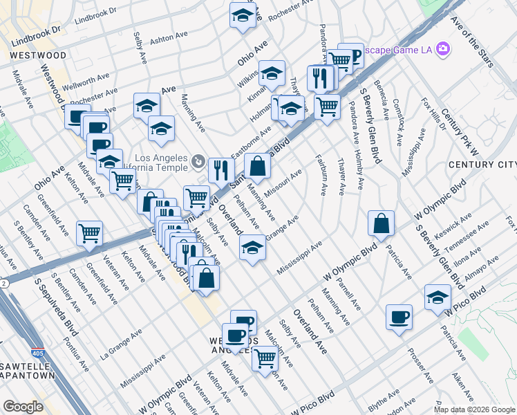 map of restaurants, bars, coffee shops, grocery stores, and more near 1907 Parnell Avenue in Los Angeles