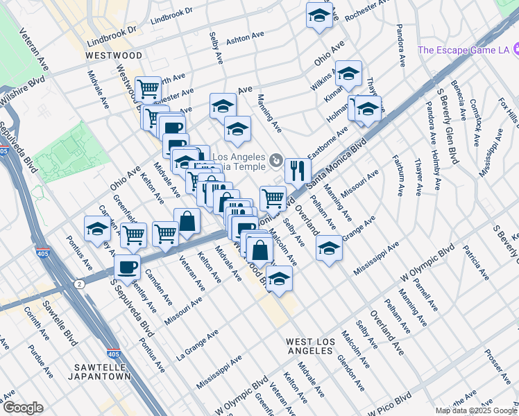map of restaurants, bars, coffee shops, grocery stores, and more near 1738 Malcolm Avenue in Los Angeles