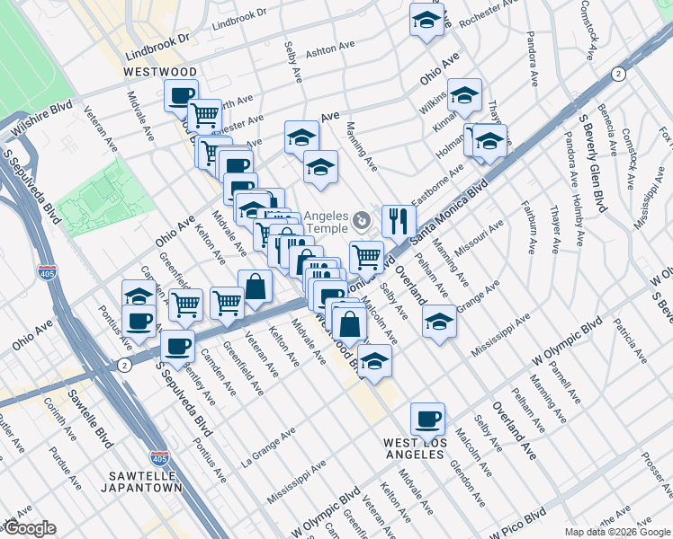 map of restaurants, bars, coffee shops, grocery stores, and more near 1738 Malcolm Avenue in Los Angeles