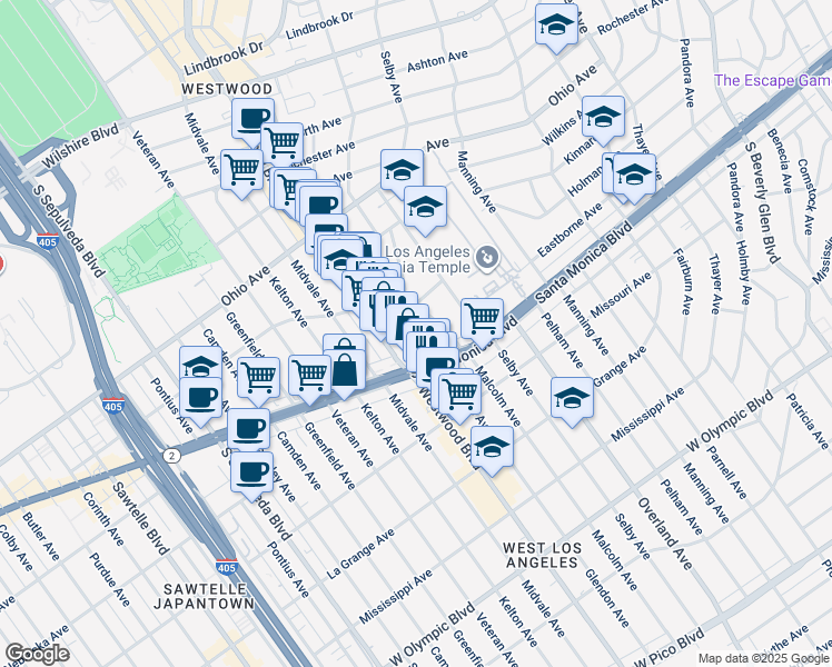 map of restaurants, bars, coffee shops, grocery stores, and more near 1730 Glendon Avenue in Los Angeles