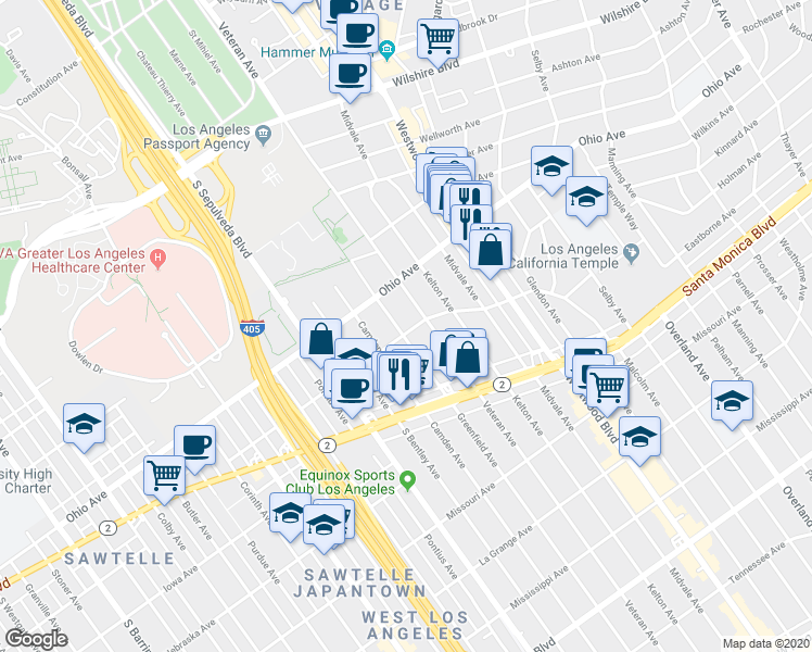 map of restaurants, bars, coffee shops, grocery stores, and more near 1527 Veteran Avenue in Los Angeles
