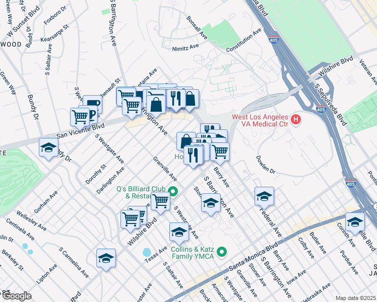 map of restaurants, bars, coffee shops, grocery stores, and more near 11661 Kiowa Avenue in Los Angeles