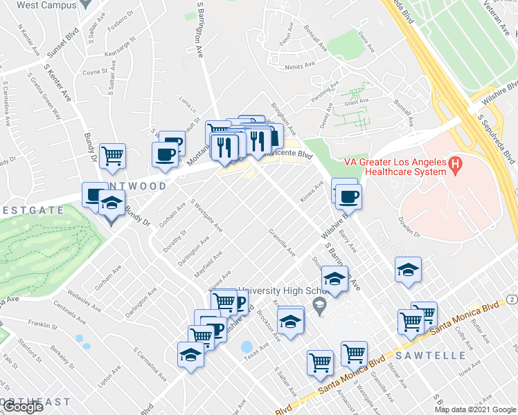 map of restaurants, bars, coffee shops, grocery stores, and more near 11753 Mayfield Avenue in Los Angeles
