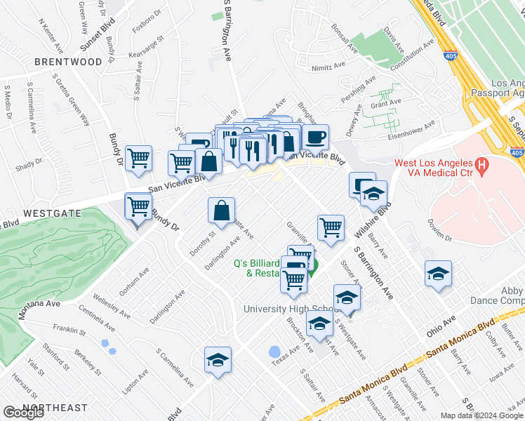 map of restaurants, bars, coffee shops, grocery stores, and more near 11818 Dorothy Street in Los Angeles