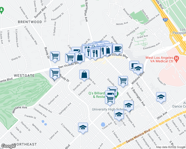 map of restaurants, bars, coffee shops, grocery stores, and more near 11818 Dorothy Street in Los Angeles