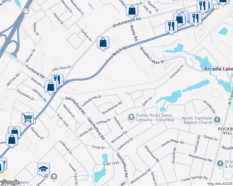 map of restaurants, bars, coffee shops, grocery stores, and more near 6625 Valleybrook Road in Columbia