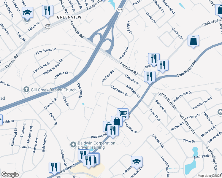 map of restaurants, bars, coffee shops, grocery stores, and more near 1800 Thorndyke Drive in Columbia