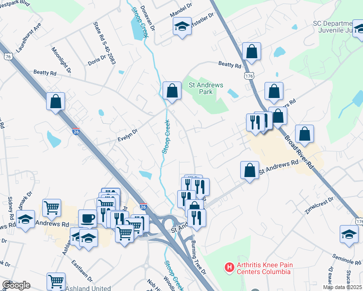 map of restaurants, bars, coffee shops, grocery stores, and more near 3011 Village Creek Drive in Columbia