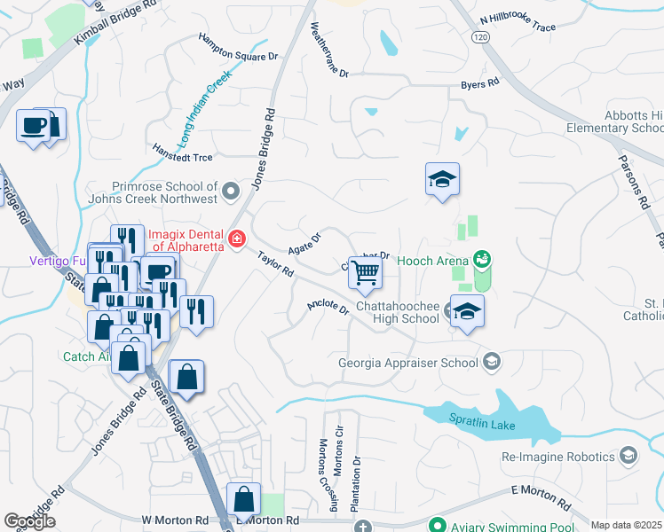 map of restaurants, bars, coffee shops, grocery stores, and more near 4960 Cinnabar Drive in Alpharetta