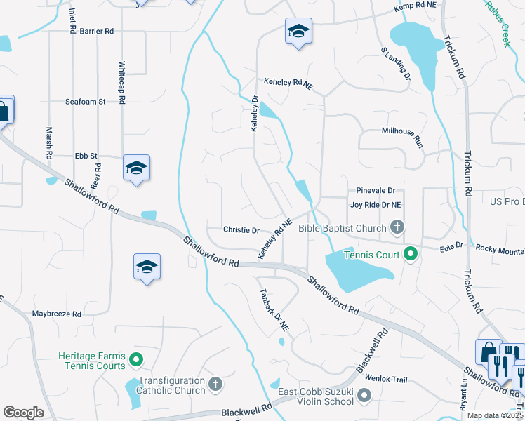 map of restaurants, bars, coffee shops, grocery stores, and more near 4052 Keheley Glen Drive in Marietta