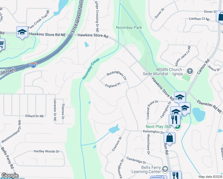 map of restaurants, bars, coffee shops, grocery stores, and more near 349 England Place in Marietta