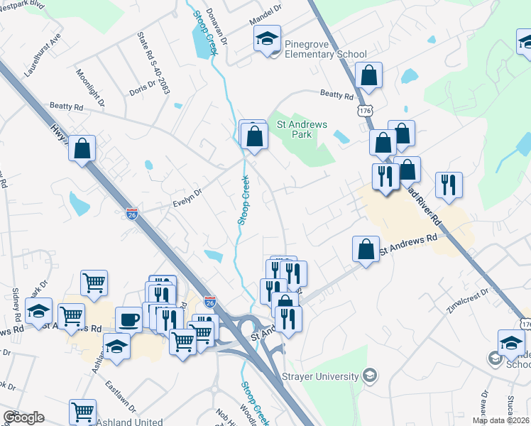 map of restaurants, bars, coffee shops, grocery stores, and more near 1001 Village Creek Drive in Columbia