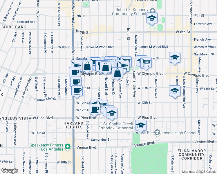 map of restaurants, bars, coffee shops, grocery stores, and more near 1039 South Kingsley Drive in Los Angeles