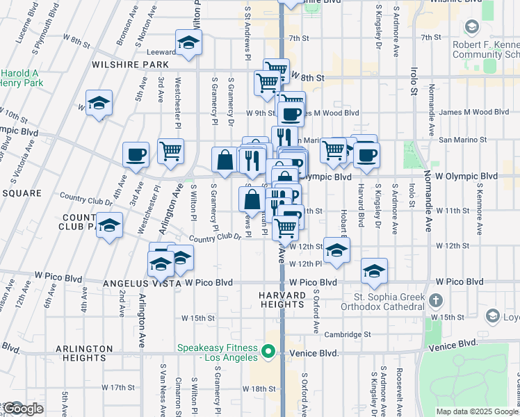 map of restaurants, bars, coffee shops, grocery stores, and more near 1059 South Manhattan Place in Los Angeles