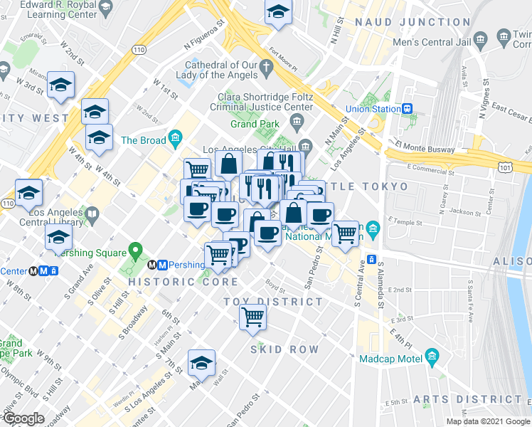 map of restaurants, bars, coffee shops, grocery stores, and more near in Los Angeles