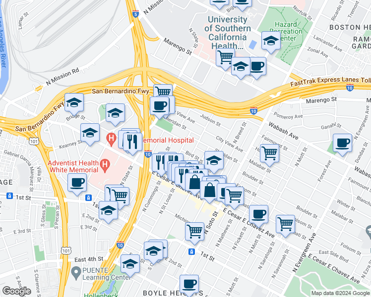 map of restaurants, bars, coffee shops, grocery stores, and more near 636 North Cummings Street in Los Angeles