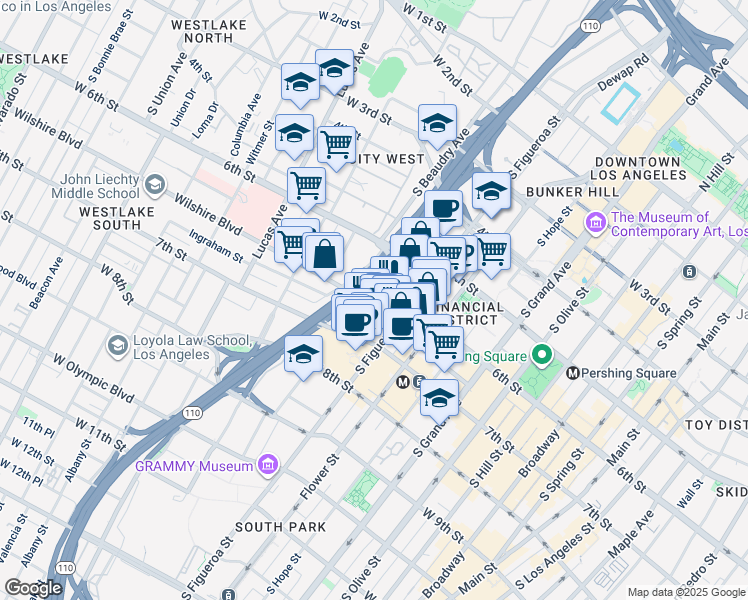 map of restaurants, bars, coffee shops, grocery stores, and more near 915 Wilshire Boulevard in Los Angeles
