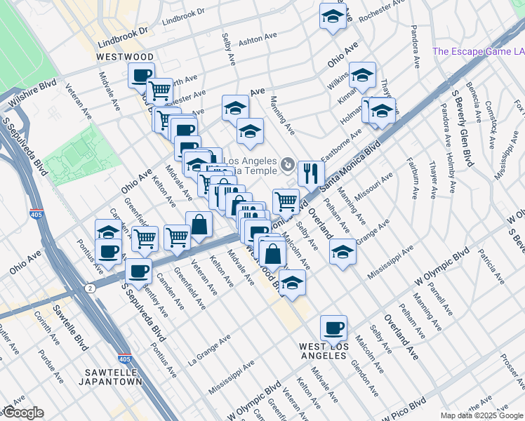 map of restaurants, bars, coffee shops, grocery stores, and more near 1738 Malcolm Avenue in Los Angeles
