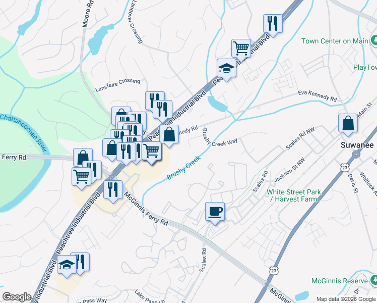 map of restaurants, bars, coffee shops, grocery stores, and more near 1025 Brushy Creek Court in Suwanee
