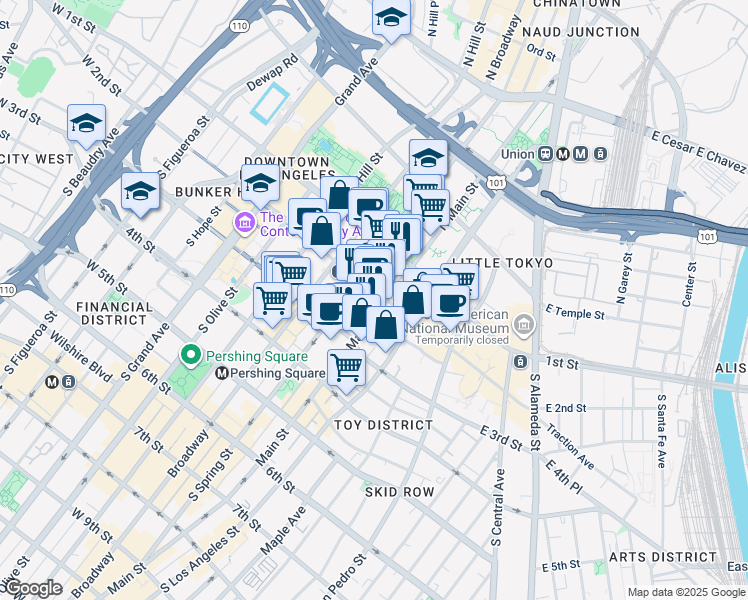 map of restaurants, bars, coffee shops, grocery stores, and more near 108 West 2nd Street in Los Angeles