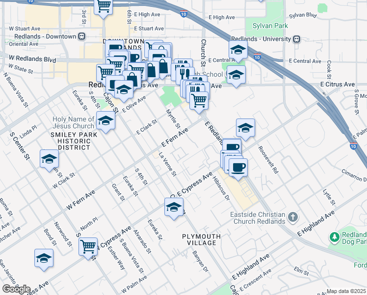 map of restaurants, bars, coffee shops, grocery stores, and more near 460 Sonora Circle in Redlands