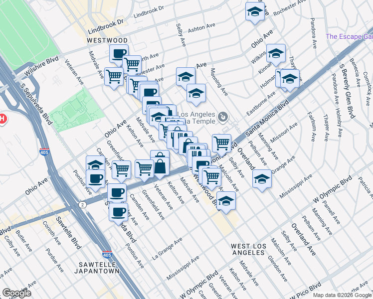 map of restaurants, bars, coffee shops, grocery stores, and more near 1730 Glendon Avenue in Los Angeles