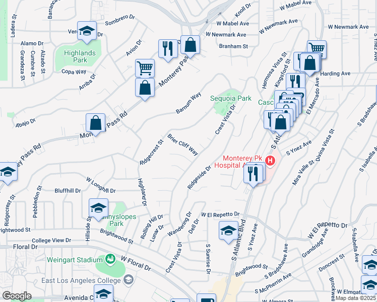 map of restaurants, bars, coffee shops, grocery stores, and more near 1090 Alpine Terrace in Monterey Park