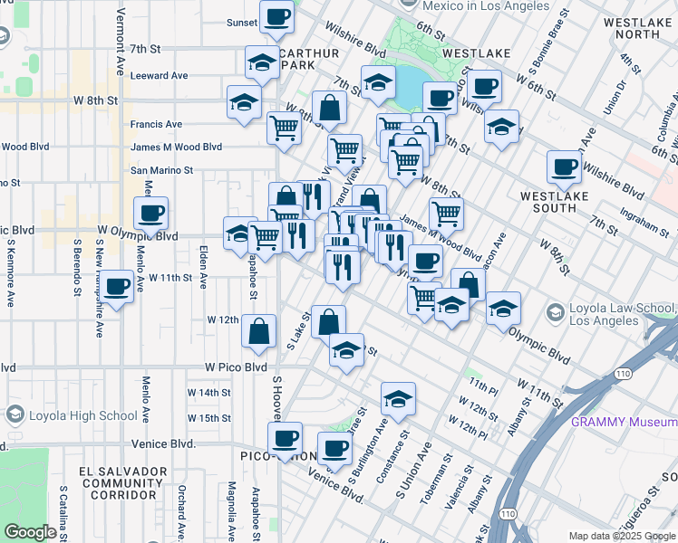 map of restaurants, bars, coffee shops, grocery stores, and more near 2140 West Olympic Boulevard in Los Angeles