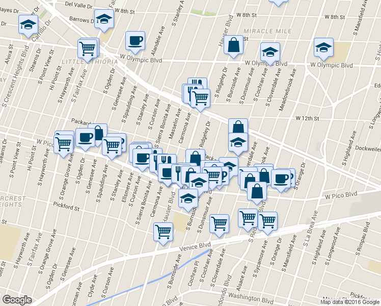 map of restaurants, bars, coffee shops, grocery stores, and more near 1302 Hauser Boulevard in Los Angeles