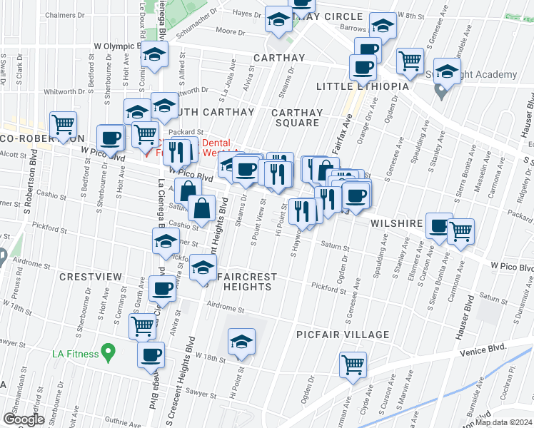 map of restaurants, bars, coffee shops, grocery stores, and more near 1434 South Point View Street in Los Angeles