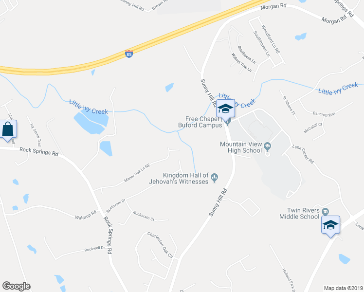 map of restaurants, bars, coffee shops, grocery stores, and more near 2377 Ashbury Court in Buford