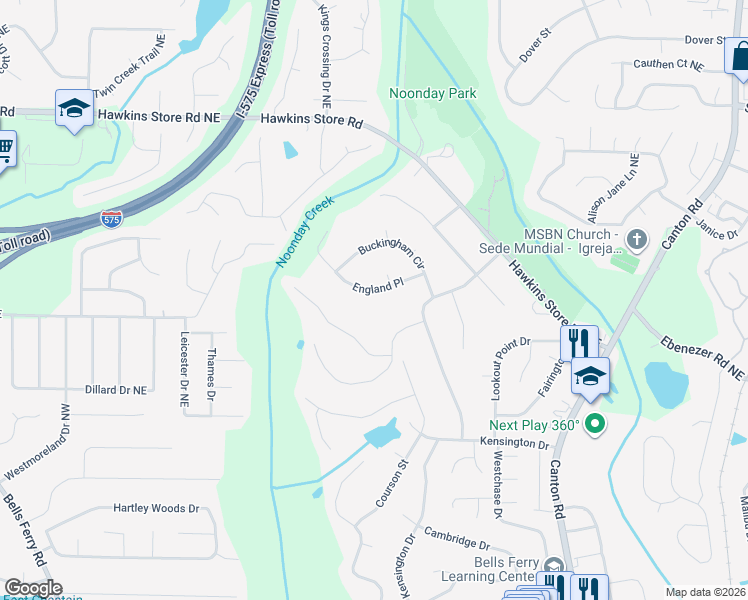 map of restaurants, bars, coffee shops, grocery stores, and more near 349 England Place in Marietta