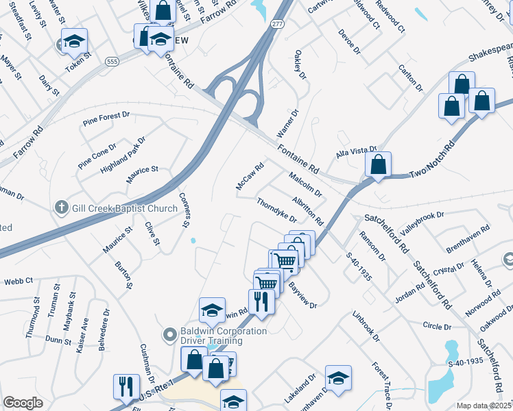 map of restaurants, bars, coffee shops, grocery stores, and more near 1800 Thorndyke Drive in Columbia