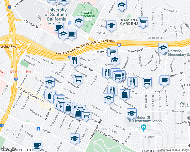 map of restaurants, bars, coffee shops, grocery stores, and more near 917 North Mott Street in Los Angeles