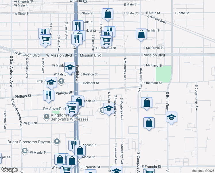 map of restaurants, bars, coffee shops, grocery stores, and more near 1214 South Sultana Avenue in Ontario